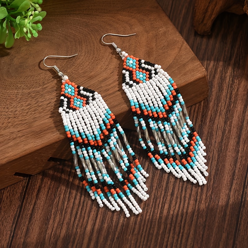 Ethnic-Style Long Geometric Tassel Seed Bead Earrings